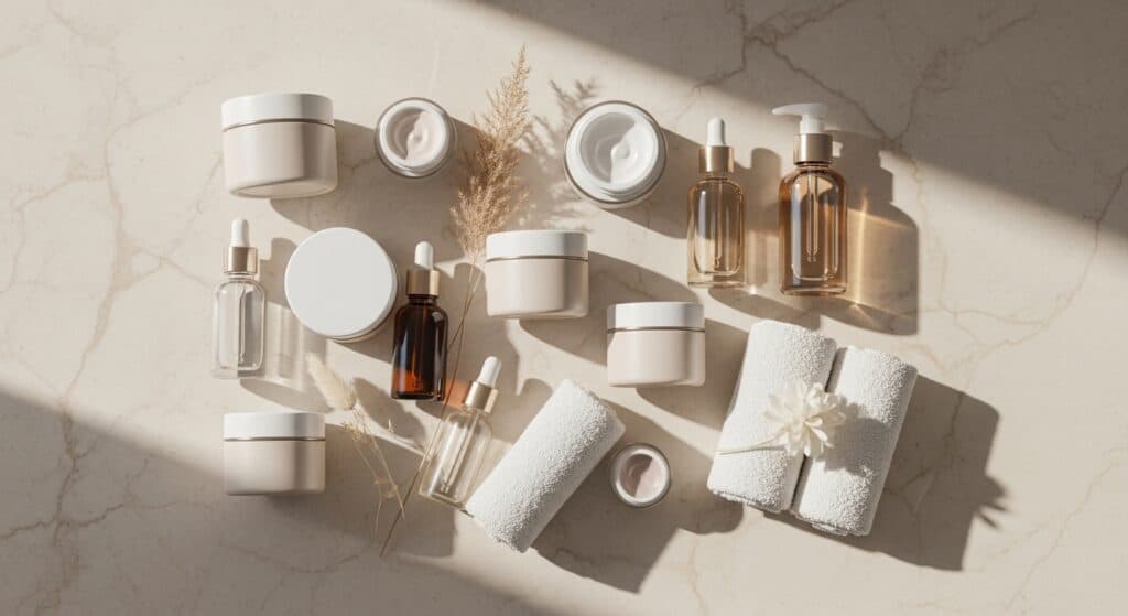 Home Flat lay of skincare products on beige marble surface, minimal aesthetic, jars and bottles for glowing skin