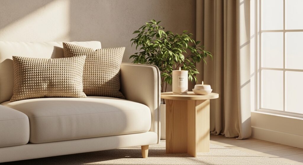 Home Cozy living room corner with minimal furniture, soft beige tones, throw pillows, indoor plant, candle light