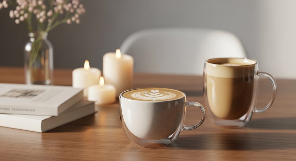 Home Warm coffee scene on wooden table with ceramic mug, latte art, glowing candles, book, tiny flowers, cozy morning aesthetic, neutral tones, soft lighting, minimal luxurious lifestyle